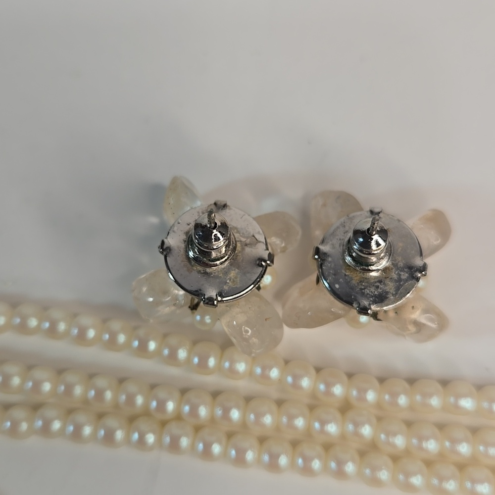Classic Rose Quartz Stones Pearl Lariat Floral Necklace Earrings Triple Strand - Picture 13 of 15